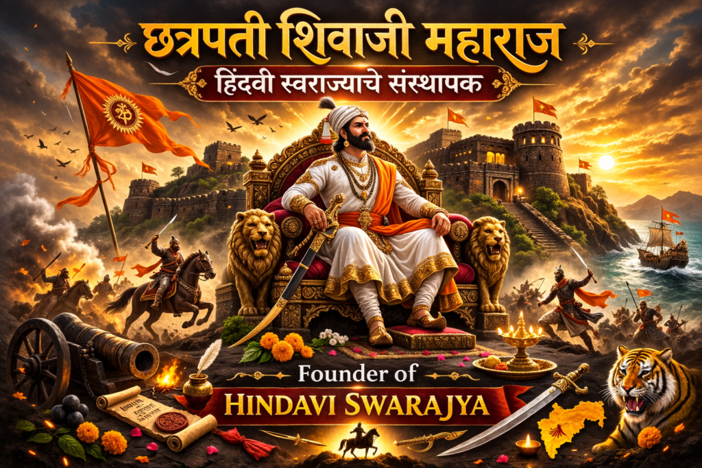 Chatrapati Shivaji Maharaj sitting on throne with Raigad fort background representing founder of Hindavi Swarajya