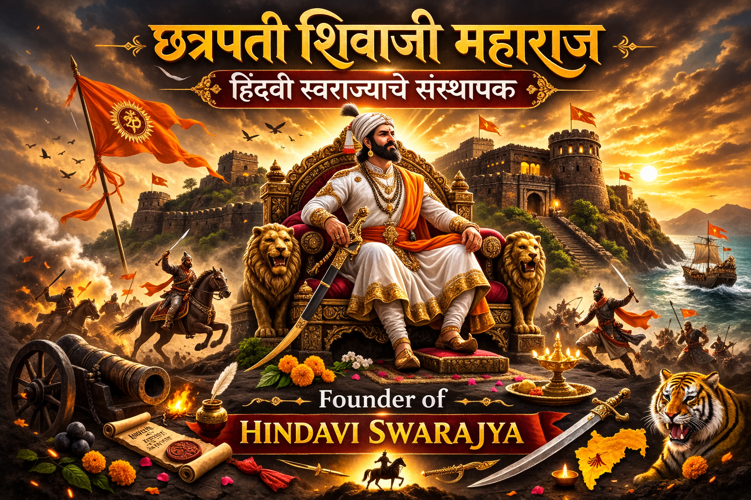 Chatrapati Shivaji Maharaj sitting on throne with Raigad fort background representing founder of Hindavi Swarajya