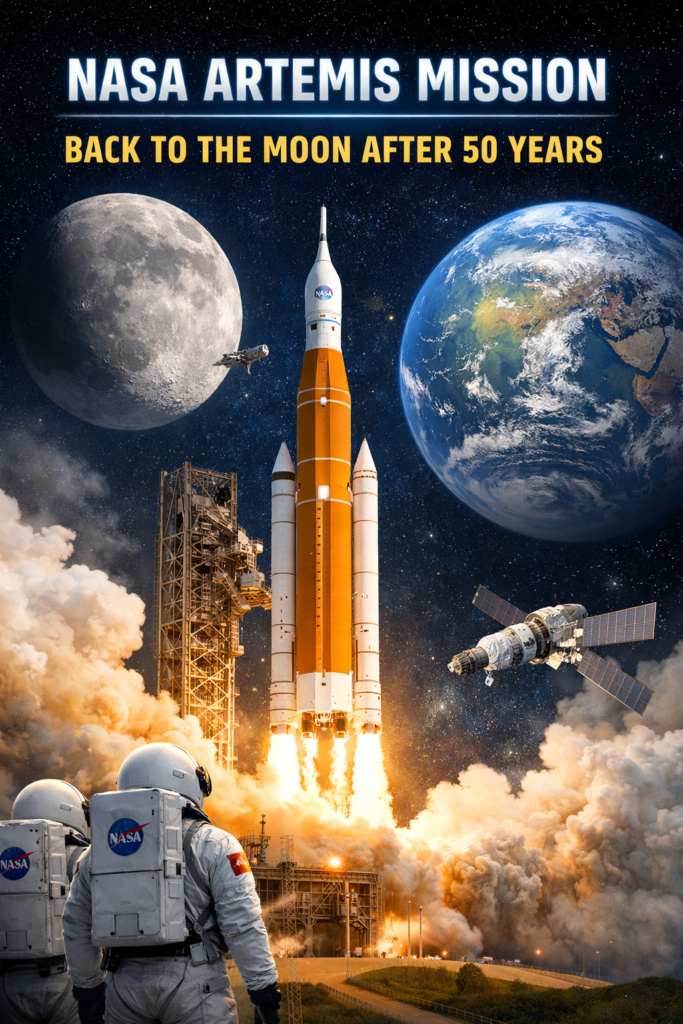 NASA Artemis Mission rocket launch carrying Orion spacecraft for human Moon exploration