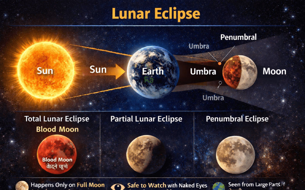 Lunar eclipse diagram showing Sun Earth and Moon alignment