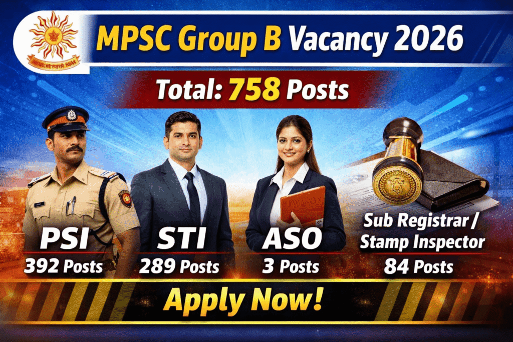 MPSC Group B Vacancy 2026 total 758 posts for PSI STI ASO and Sub Registrar recruitment